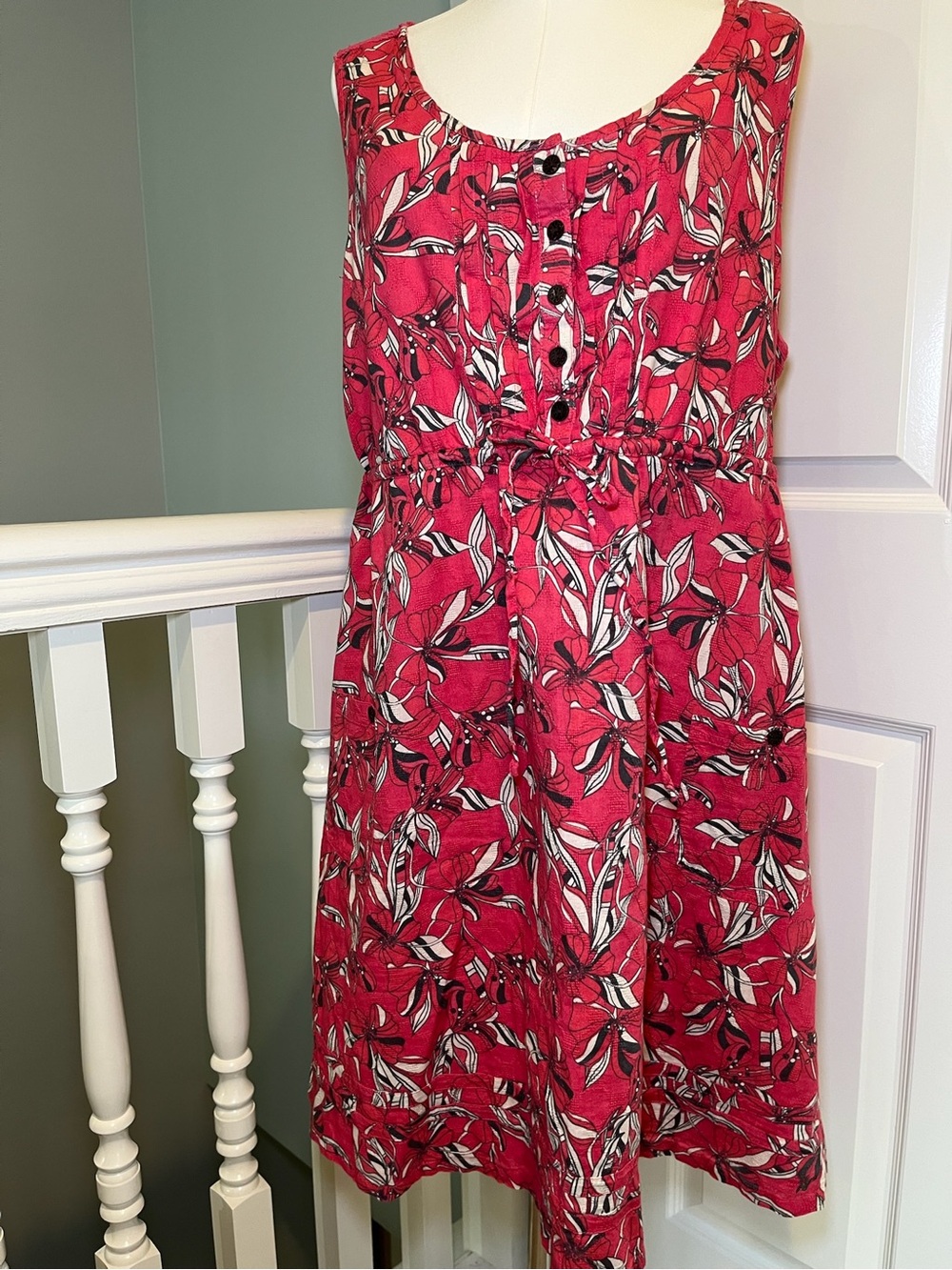 Mantaray Pinky Red Floral Crochet Collar Dress Sz 16 Boho Tie Waist Plus Size
